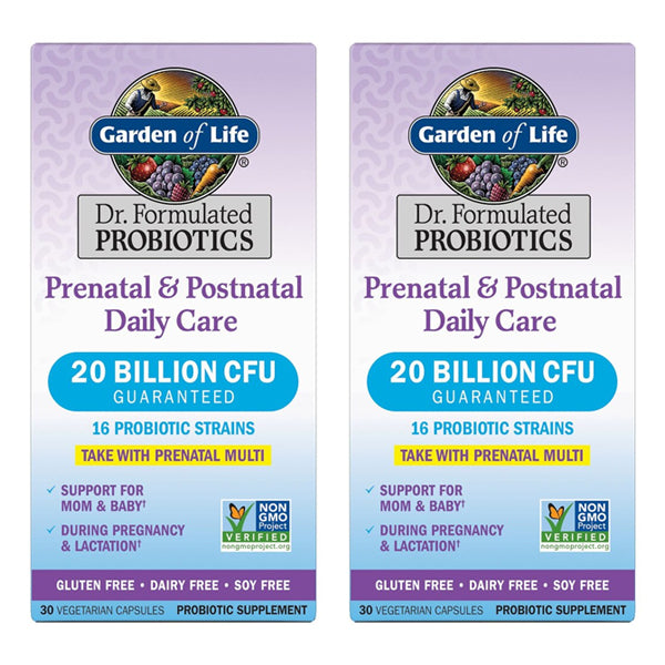 Get two boxes of Garden of Life Dr. Formulated Pre-Post Natal Daily Care Capsules (30ct each). Supports prenatal and postnatal care with 20 billion CFU, 16 strains. Gluten & soy free, vegetarian capsules.
